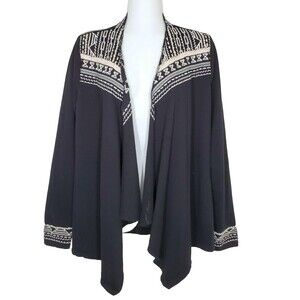 Lucky Brand Sweater Medium Bliss Black Cardigan Aztec Tribal Open Front Draped
